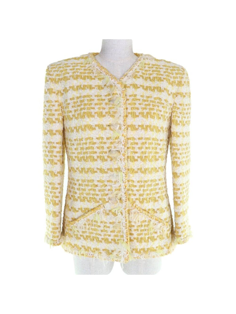 Chanel 18S Cotton Wool CC Logo Clear Button Collarless Jacket Yellow 36